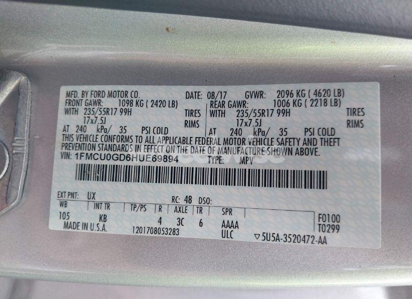 Photo 9 of 2017 Ford Escape SE (VIN 1FMCU0GD6HUE69894)