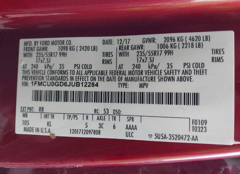 Photo 9 of 2018 Ford Escape SE (VIN 1FMCU0GD6JUB12284)