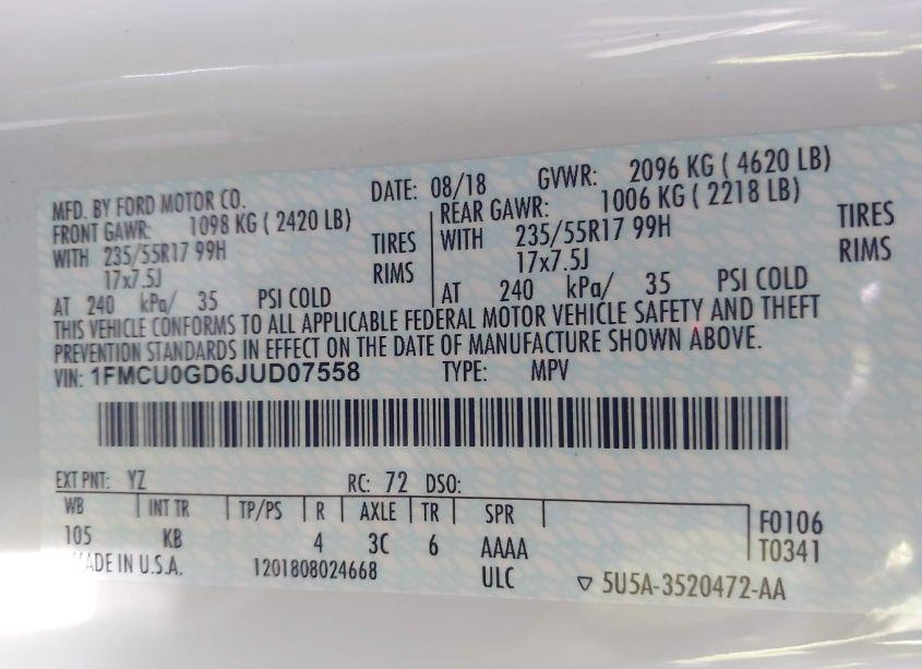 Photo 9 of 2018 Ford Escape SE (VIN 1FMCU0GD6JUD07558)