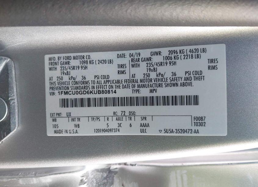 Photo 9 of 2019 Ford Escape SE (VIN 1FMCU0GD6KUB80814)