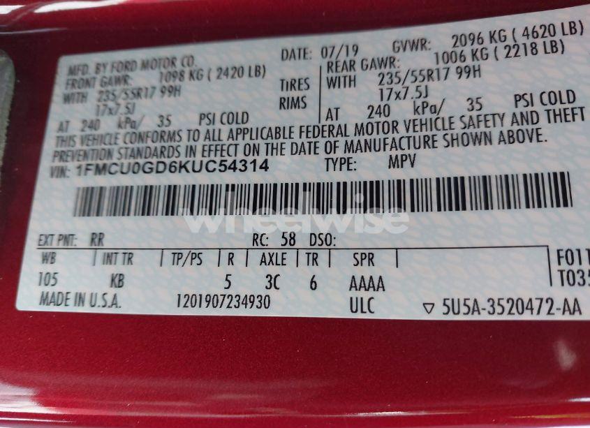 Photo 9 of 2019 Ford Escape SE (VIN 1FMCU0GD6KUC54314)