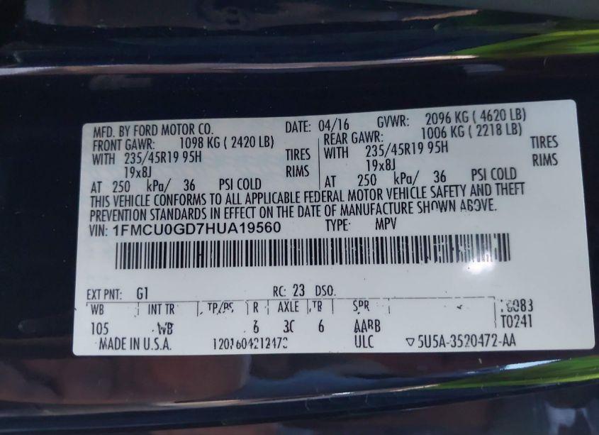 Photo 9 of 2017 Ford Escape SE (VIN 1FMCU0GD7HUA19560)