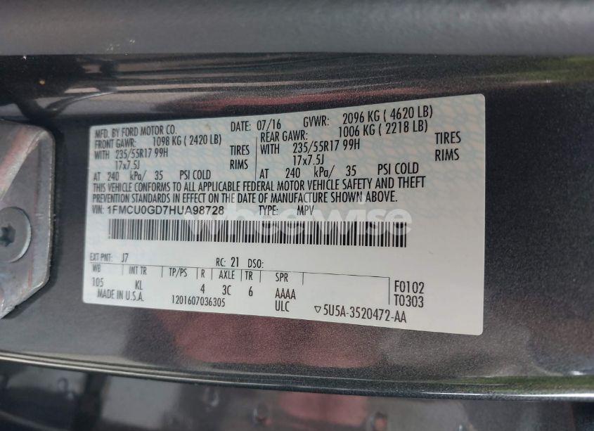 Photo 9 of 2017 Ford Escape SE (VIN 1FMCU0GD7HUA98728)