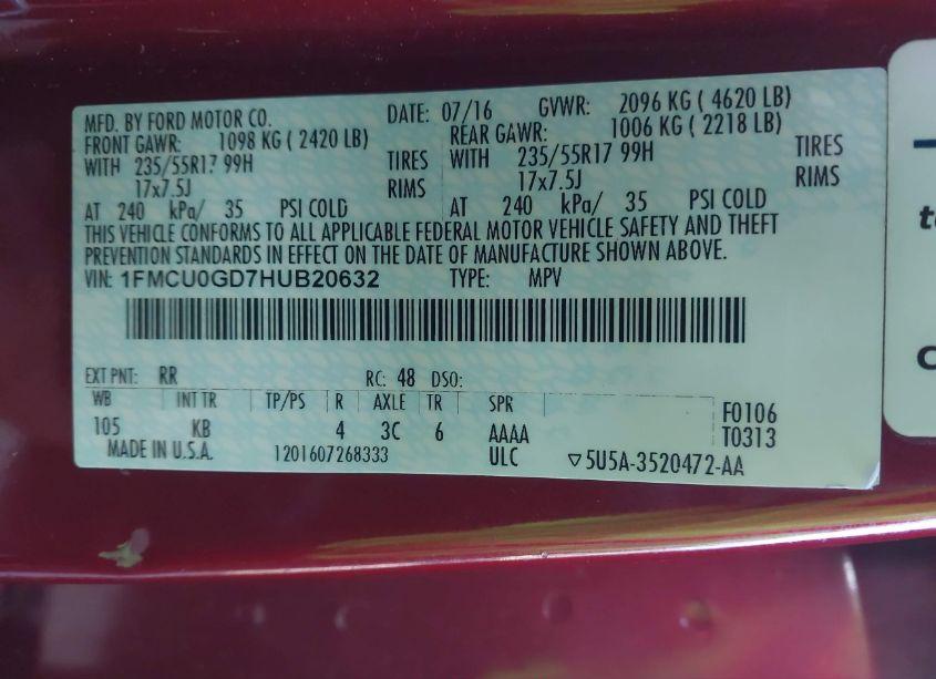 Photo 9 of 2017 Ford Escape SE (VIN 1FMCU0GD7HUB20632)