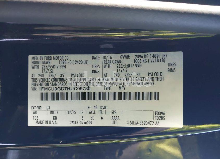 Photo 9 of 2017 Ford Escape SE (VIN 1FMCU0GD7HUC09780)