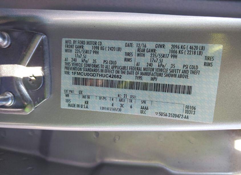 Photo 9 of 2017 Ford Escape SE (VIN 1FMCU0GD7HUC42682)