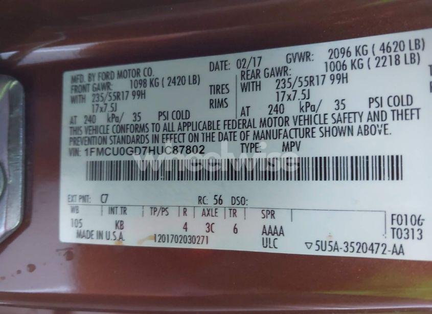 Photo 9 of 2017 Ford Escape SE (VIN 1FMCU0GD7HUC87802)