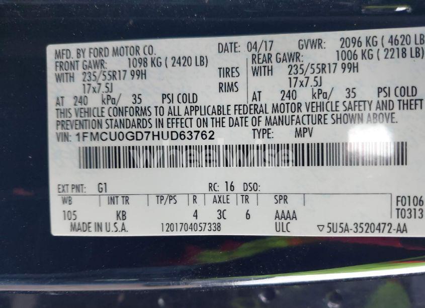 Photo 9 of 2017 Ford Escape SE (VIN 1FMCU0GD7HUD63762)