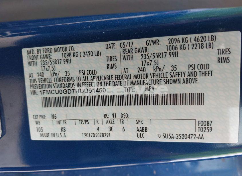 Photo 9 of 2017 Ford Escape SE (VIN 1FMCU0GD7HUD91450)