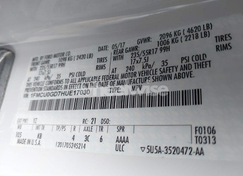 Photo 9 of 2017 Ford Escape SE (VIN 1FMCU0GD7HUE17030)