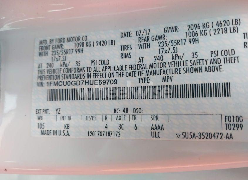 Photo 9 of 2017 Ford Escape SE (VIN 1FMCU0GD7HUE69709)