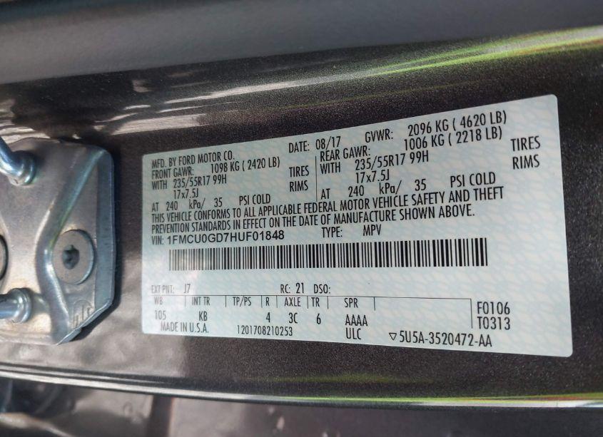 Photo 9 of 2017 Ford Escape SE (VIN 1FMCU0GD7HUF01848)