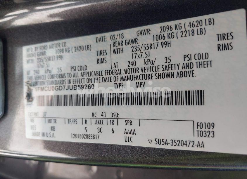 Photo 9 of 2018 Ford Escape SE (VIN 1FMCU0GD7JUB59260)