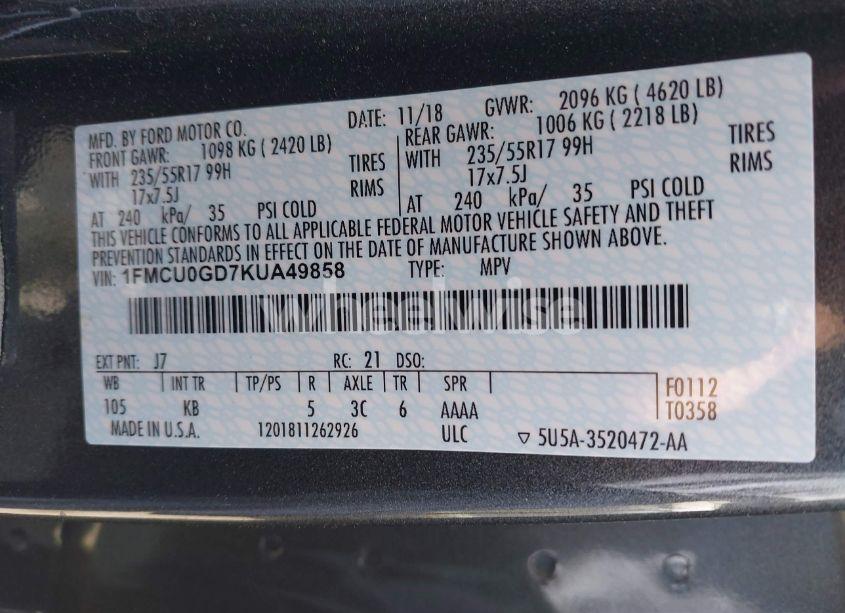 Photo 9 of 2019 Ford Escape SE (VIN 1FMCU0GD7KUA49858)