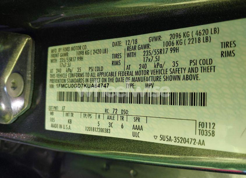 Photo 9 of 2019 Ford Escape SE (VIN 1FMCU0GD7KUA64747)