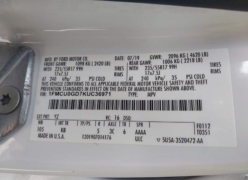 Photo 9 of 2019 Ford Escape SE (VIN 1FMCU0GD7KUC36971)