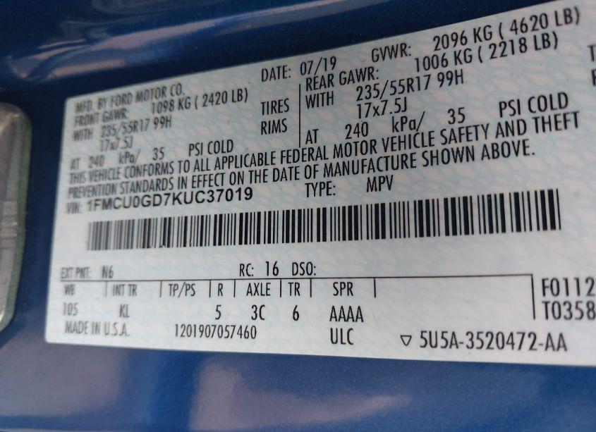 Photo 9 of 2019 Ford Escape SE (VIN 1FMCU0GD7KUC37019)