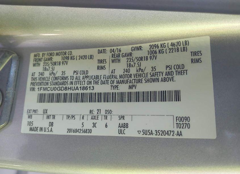 Photo 9 of 2017 Ford Escape SE (VIN 1FMCU0GD8HUA18613)