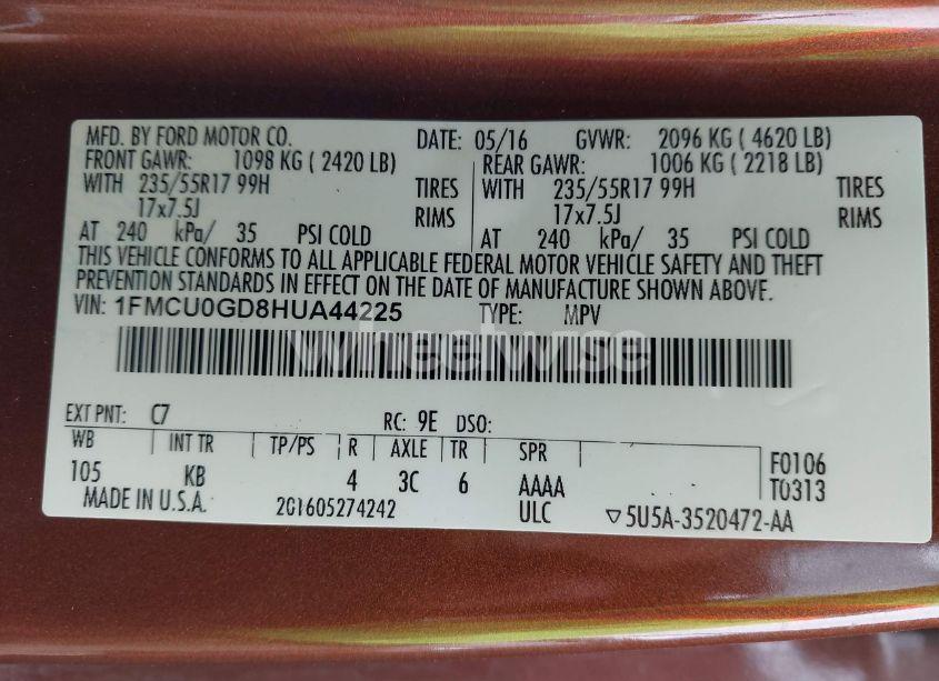 Photo 9 of 2017 Ford Escape SE (VIN 1FMCU0GD8HUA44225)