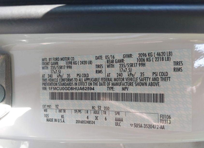 Photo 9 of 2017 Ford Escape SE (VIN 1FMCU0GD8HUA62594)