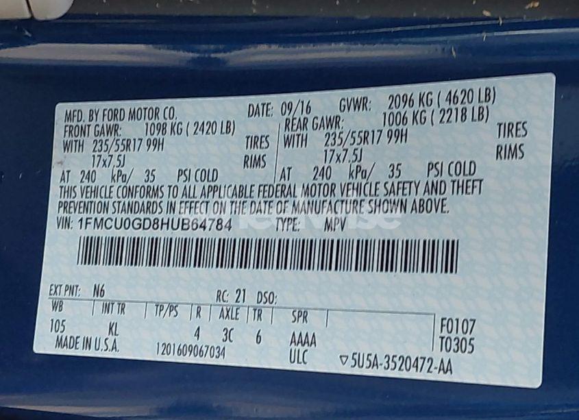 Photo 9 of 2017 Ford Escape SE (VIN 1FMCU0GD8HUB64784)