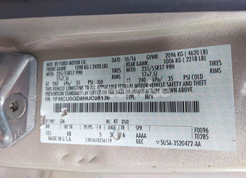 Photo 9 of 2017 Ford Escape SE (VIN 1FMCU0GD8HUC08136)