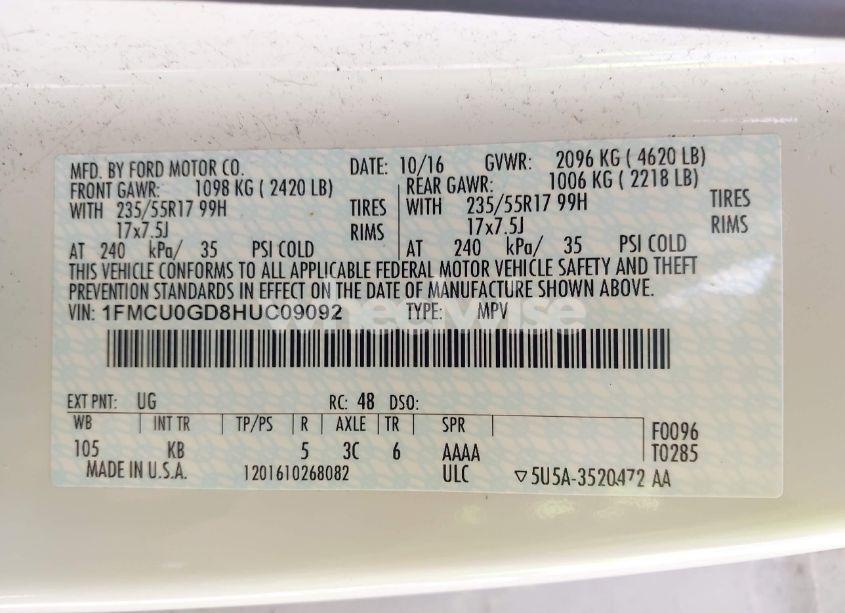 Photo 9 of 2017 Ford Escape SE (VIN 1FMCU0GD8HUC09092)