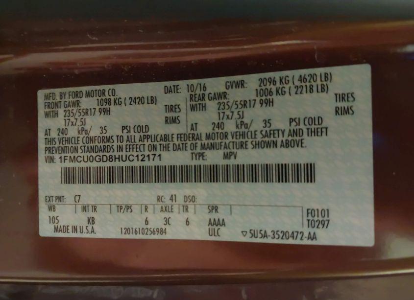 Photo 9 of 2017 Ford Escape SE (VIN 1FMCU0GD8HUC12171)