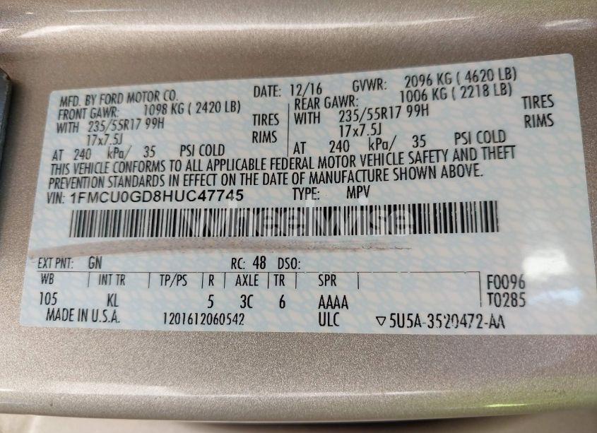 Photo 9 of 2017 Ford Escape SE (VIN 1FMCU0GD8HUC47745)