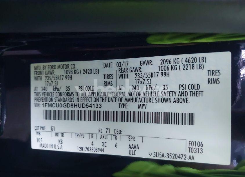 Photo 9 of 2017 Ford Escape SE (VIN 1FMCU0GD8HUD54133)