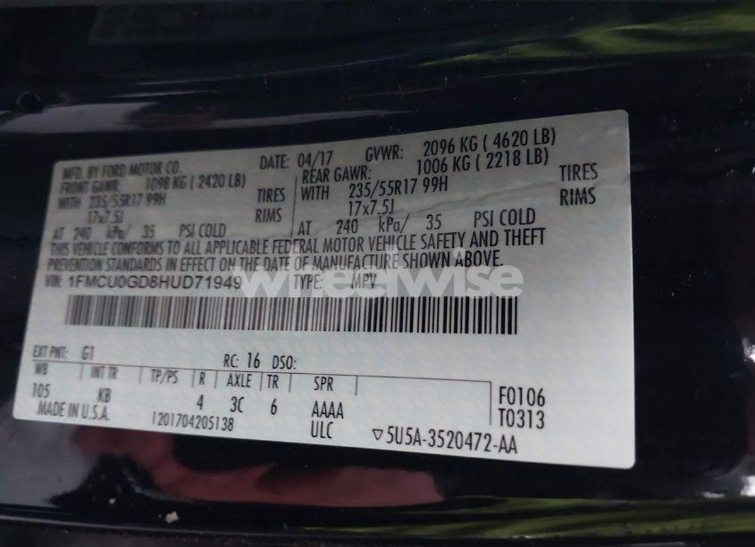 Photo 9 of 2017 Ford Escape SE (VIN 1FMCU0GD8HUD71949)