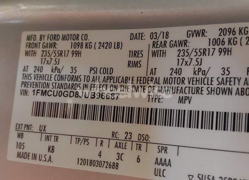 Photo 9 of 2018 Ford Escape SE (VIN 1FMCU0GD8JUB96687)