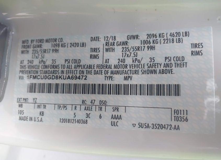 Photo 9 of 2019 Ford Escape SE (VIN 1FMCU0GD8KUA69472)