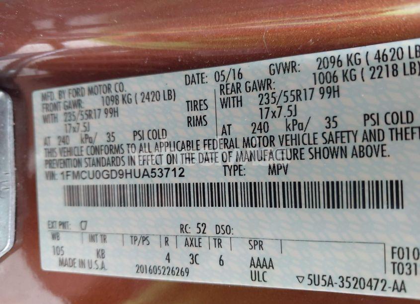 Photo 9 of 2017 Ford Escape SE (VIN 1FMCU0GD9HUA53712)