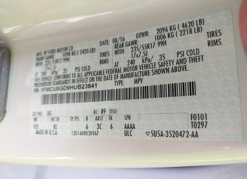 Photo 9 of 2017 Ford Escape SE (VIN 1FMCU0GD9HUB23841)