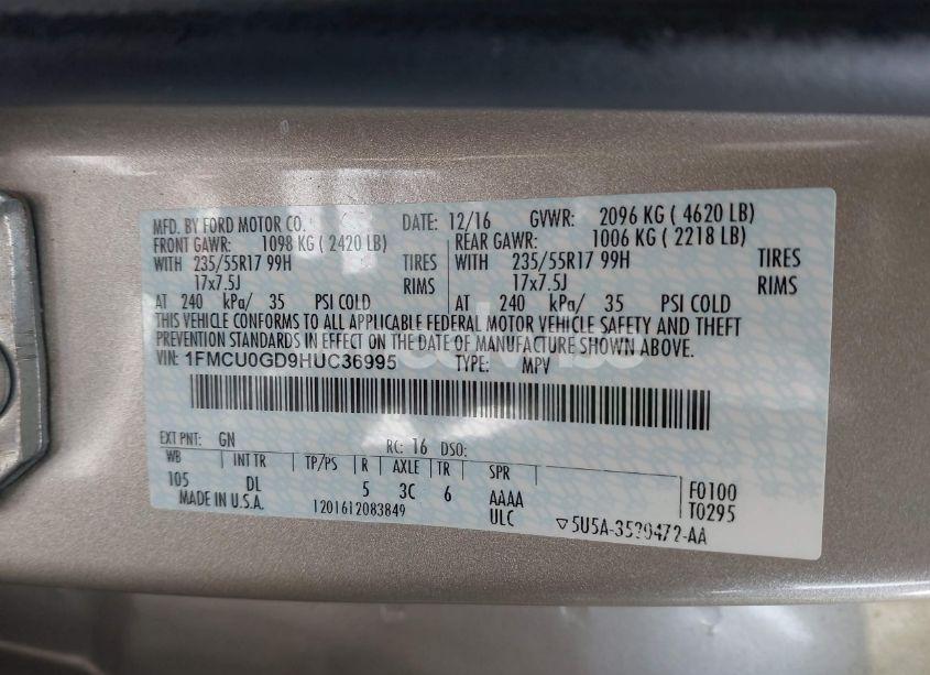 Photo 9 of 2017 Ford Escape SE (VIN 1FMCU0GD9HUC36995)