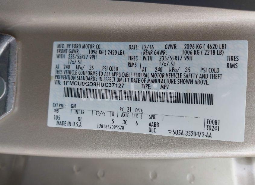 Photo 9 of 2017 Ford Escape SE (VIN 1FMCU0GD9HUC37127)