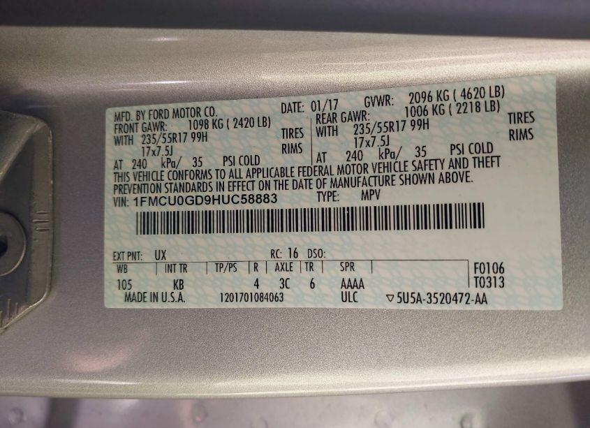 Photo 9 of 2017 Ford Escape SE (VIN 1FMCU0GD9HUC58883)