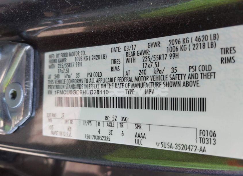 Photo 9 of 2017 Ford Escape SE (VIN 1FMCU0GD9HUD28110)