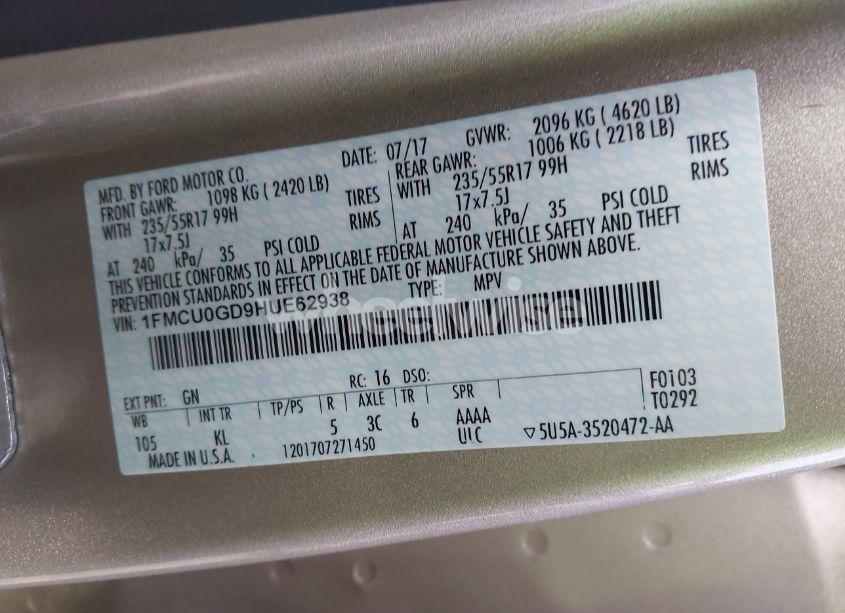 Photo 9 of 2017 Ford Escape SE (VIN 1FMCU0GD9HUE62938)