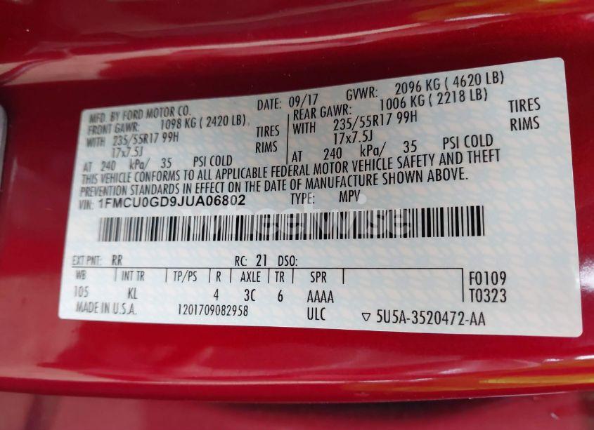 Photo 9 of 2018 Ford Escape SE (VIN 1FMCU0GD9JUA06802)