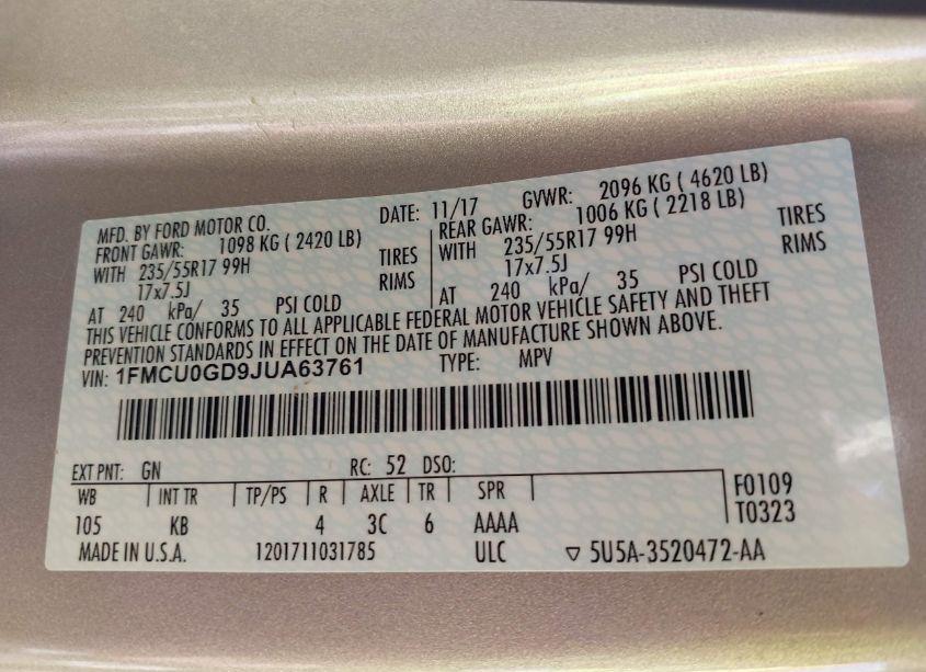 Photo 9 of 2018 Ford Escape SE (VIN 1FMCU0GD9JUA63761)