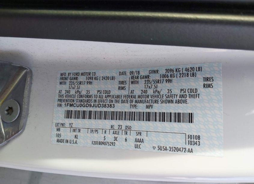 Photo 9 of 2018 Ford Escape SE (VIN 1FMCU0GD9JUD38383)