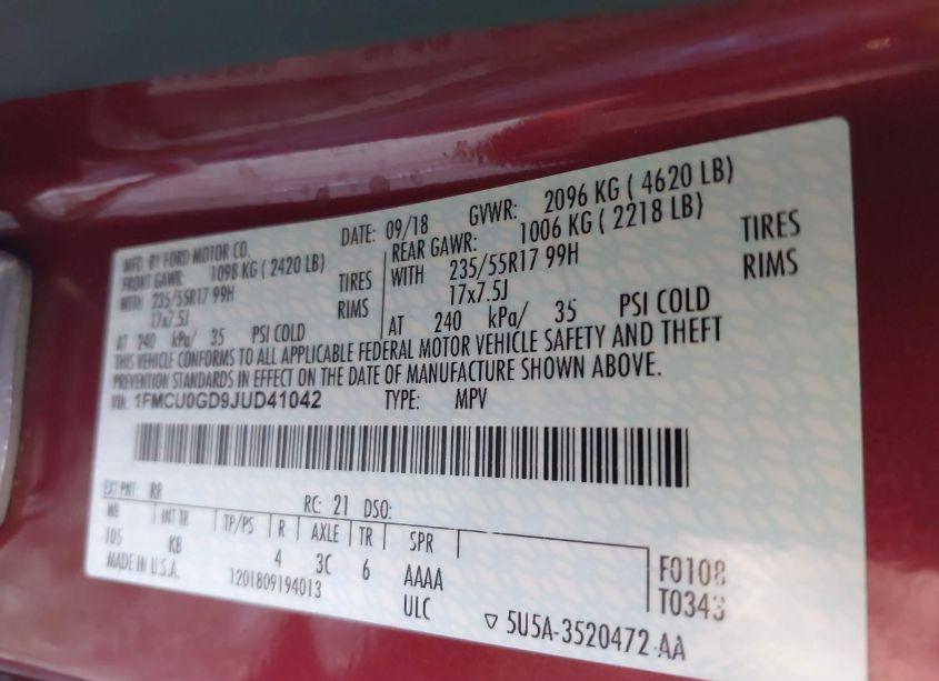 Photo 9 of 2018 Ford Escape SE (VIN 1FMCU0GD9JUD41042)