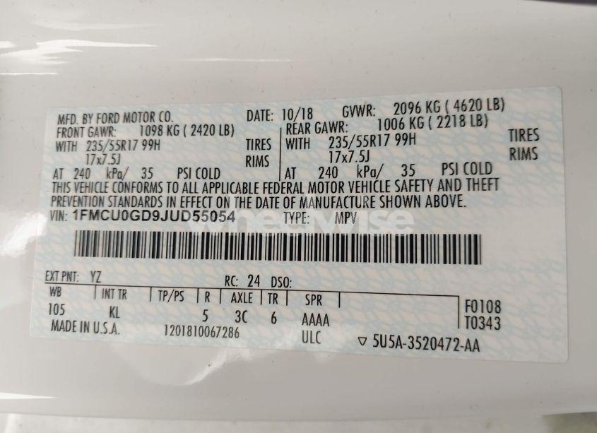 Photo 9 of 2018 Ford Escape SE (VIN 1FMCU0GD9JUD55054)