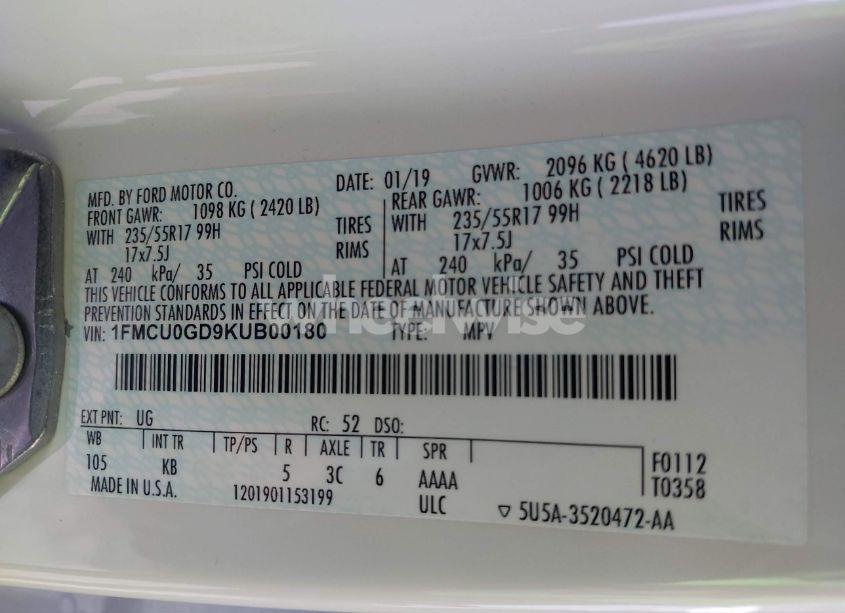 Photo 9 of 2019 Ford Escape SE (VIN 1FMCU0GD9KUB00180)