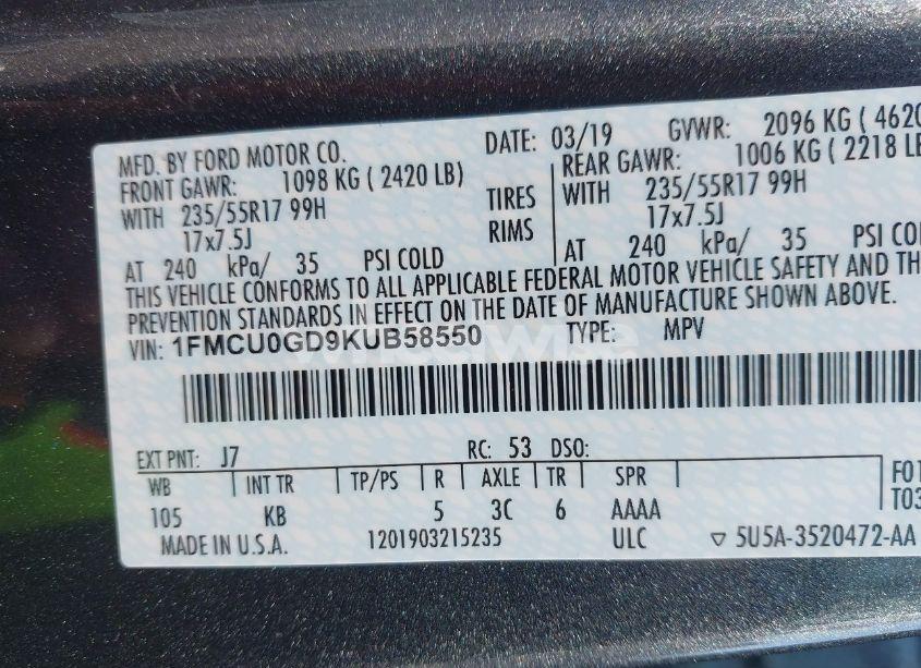 Photo 9 of 2019 Ford Escape SE (VIN 1FMCU0GD9KUB58550)