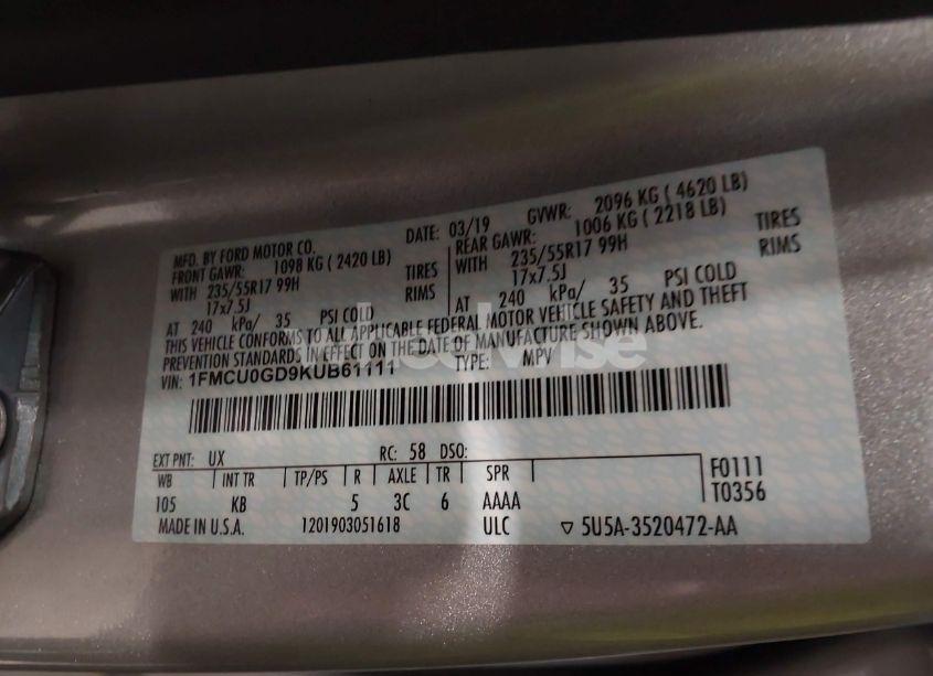 Photo 9 of 2019 Ford Escape SE (VIN 1FMCU0GD9KUB61111)