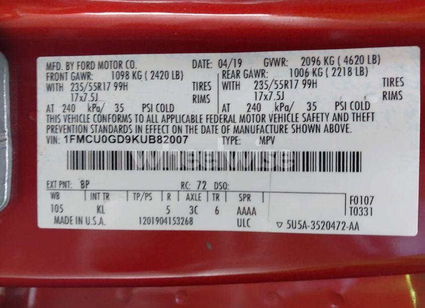 Photo 9 of 2019 Ford Escape SE (VIN 1FMCU0GD9KUB82007)