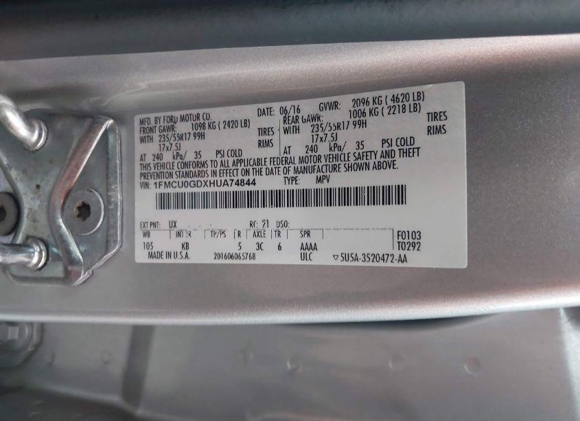 Photo 9 of 2017 Ford Escape SE (VIN 1FMCU0GDXHUA74844)